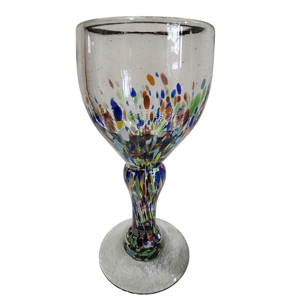 Hand Blown Mexican Confetti Art Glass Goblet Wine Glass Mosaic Heavy 7.75"